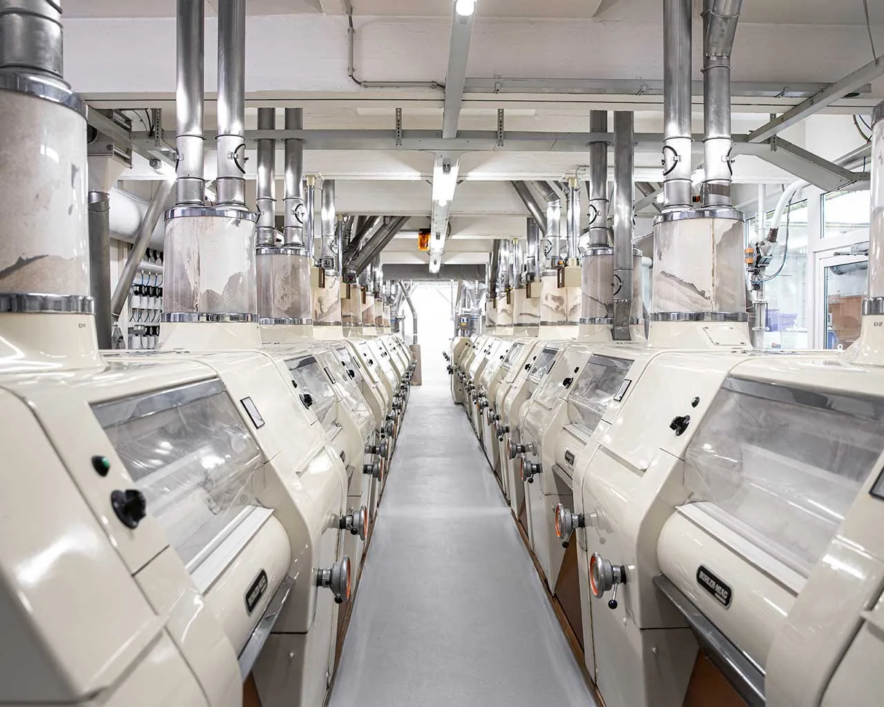 Langer Gang zwischen weißen Mahlmaschinen in der Mühle
